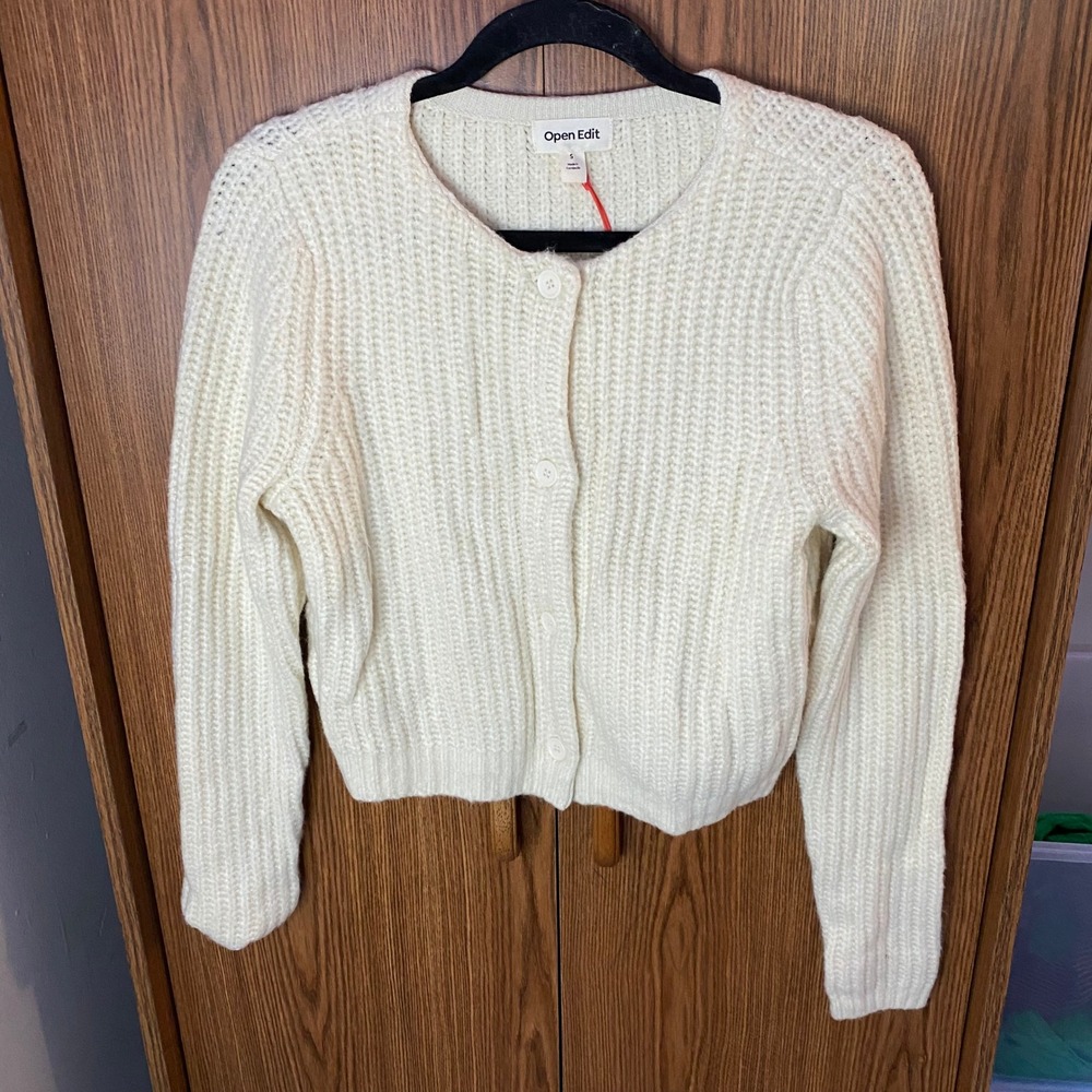 Open Edit Cardigan Sweater Womens Small Cream Ribbed Knit Cropped Button Front
